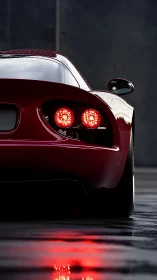 Rear three-quarter macro of wet red sports coupé taillights.