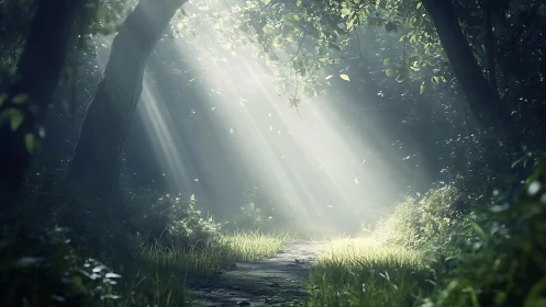 Enchanted forest path bathed in whispering shafts of light.