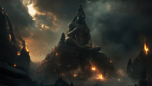 Colossal Shiva monument dominates apocalyptic volcanic skyline
