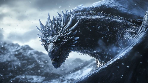 Ice dragon emerges snarling in a harsh frozen blizzard.