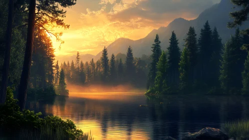 Mountain lake shoreline under warm sunset sky.