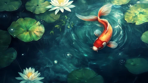 Koi carp in rippling pond with waterlilies and teal reflections