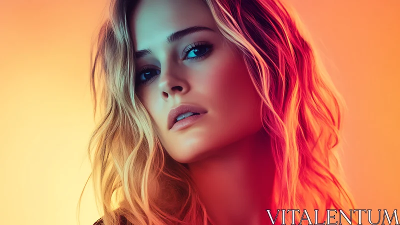 Digital portrait of woman with warm dual color lighting.