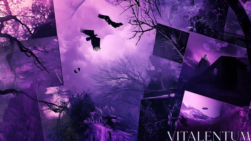 Ravens cross a violet dreamscape of fractured haunted woods.