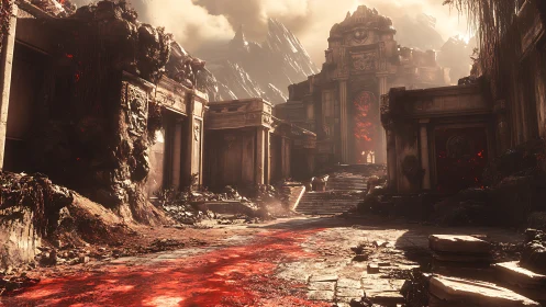 Ruined infernal temple with molten river in 3D environment design.