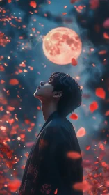 Moonlit youth bathed in floating crimson petals at dusk.