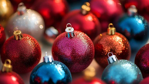 Glittered spherical ornaments in mixed colors on surface.