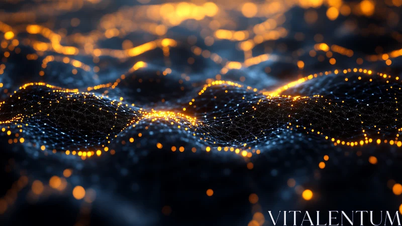 Volumetric particle network forms glowing procedural data waves