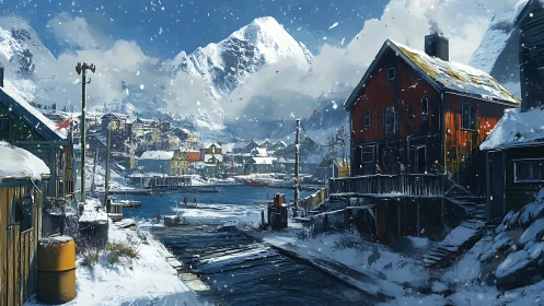 Harbor village rests under snowy peaks and soft winter light