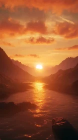 Sunset over river between dark mountain silhouettes.