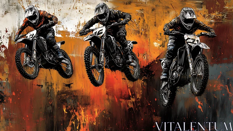 Motocross riders launch over abstract fiery track backdrop.