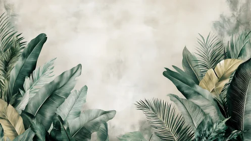 Muted tropical foliage border over textured neutral background.