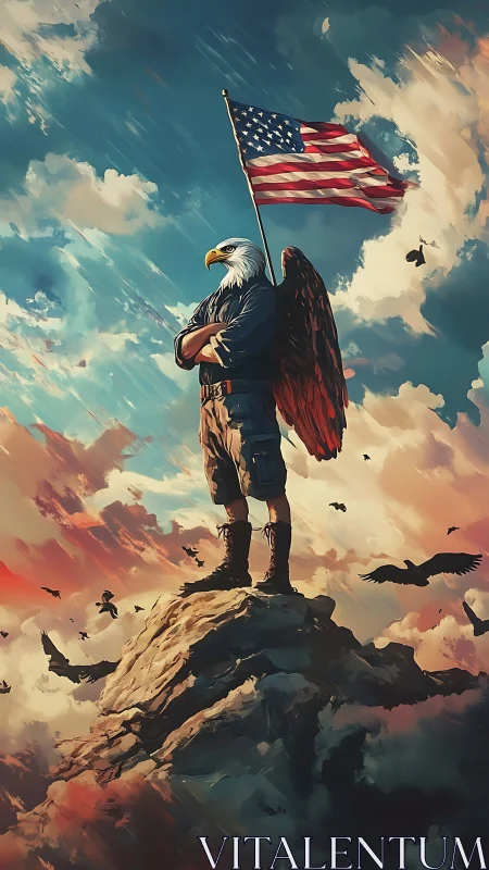 Heroic eagle guardian proudly holding the American flag.