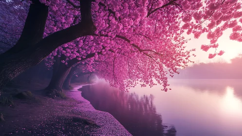 Cherry blossoms curve over calm riverside path at sunrise