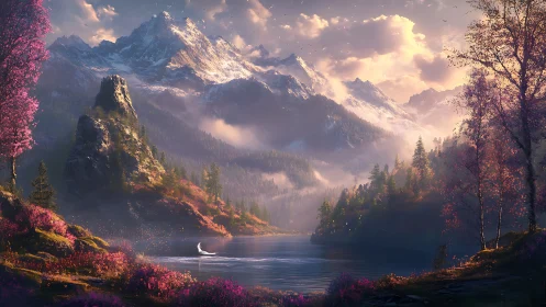 Swan glides through enchanted alpine sunrise of wild blooms.