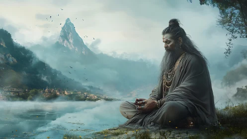 Meditating sage beside misty lake in mountain valley.