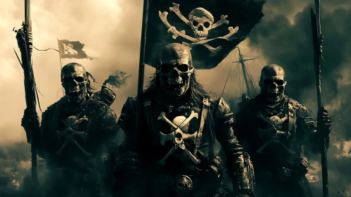 Undead pirate warband marching under tattered skull flag.