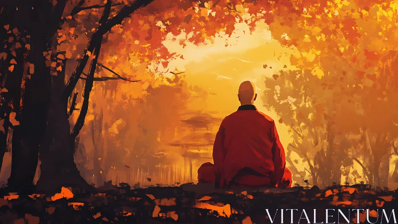 Solitary monk observing distant temple in autumn forest.