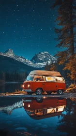 Photorealistic night camper van with alpine lake reflection.