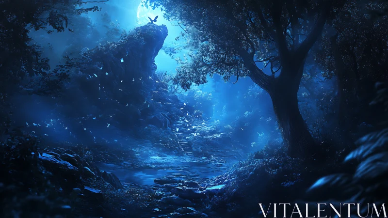 Moonlit forest path glows softly with quiet blue magic