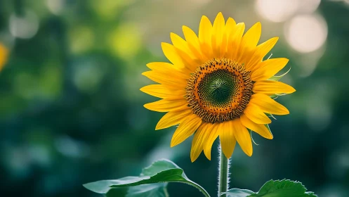 Sunlit sunflower stands radiant against dreamy green bokeh.