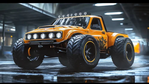 Monster-tired orange pickup prowls a slick neon-lit garage