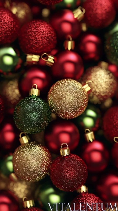 Glittering red and gold baubles capture festive holiday warmth