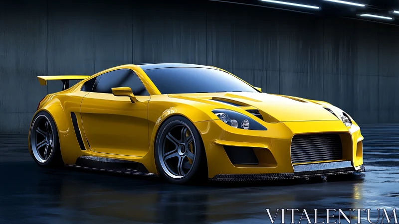 Yellow tuned sports coupe rendered in a dim garage environment