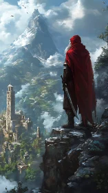 Cloaked swordsman overlooking misted alpine citadel valley