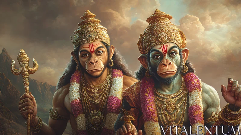 Divine simian guardians stand crowned in ornate gold armor.
