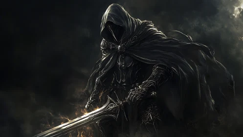 Hooded armored warrior grips massive sword in dark mist