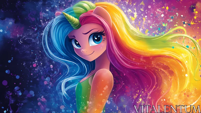 Chromatic unicorn portrait in nebular splatter field composition.
