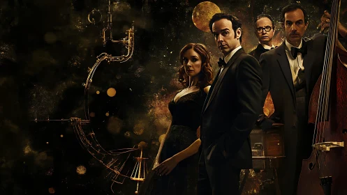 Elegant jazz ensemble posed in glowing golden atmosphere.