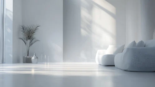 Serene sunlit living room with cozy white lounge chairs.