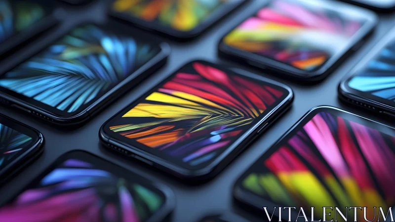 Multiple smartphones with abstract colorful screens in modern style.