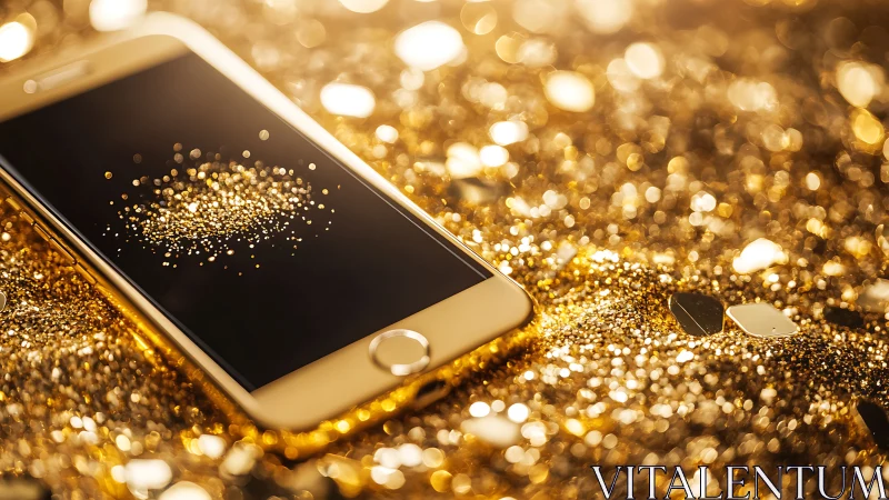 Gold smartphone lies on glittering luxury surface of light