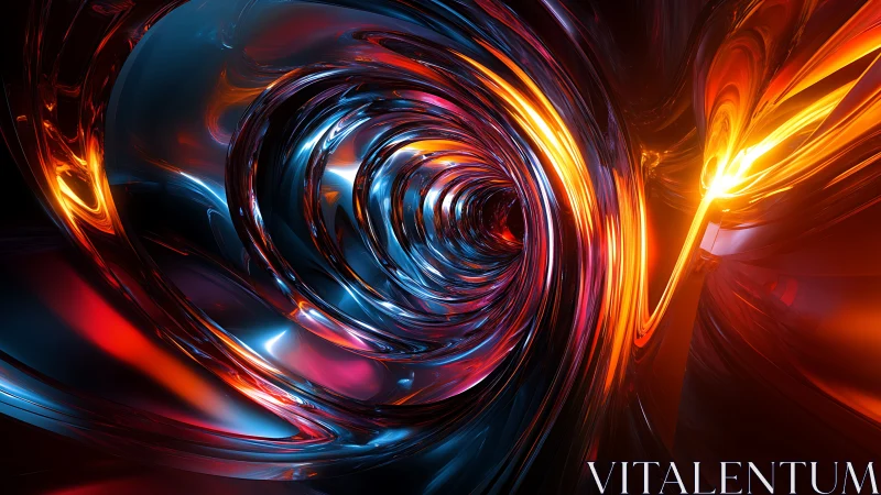 Spiraling molten tunnel in luminous abstract 3D space.