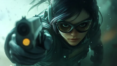 Female soldier points handgun directly at viewer in focus