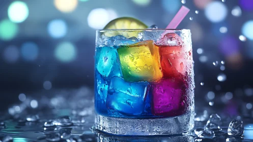 Vibrant Rainbow Cocktail with Illuminated Bokeh.