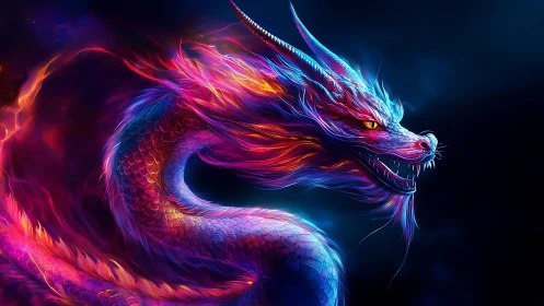 Neon scaled dragon rendered with high saturation spectral lighting