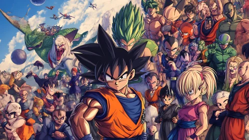 Ensemble anime key art with dynamic heroic central composition.