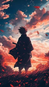 Lone wanderer beneath a glowing red and gold sky at dusk.