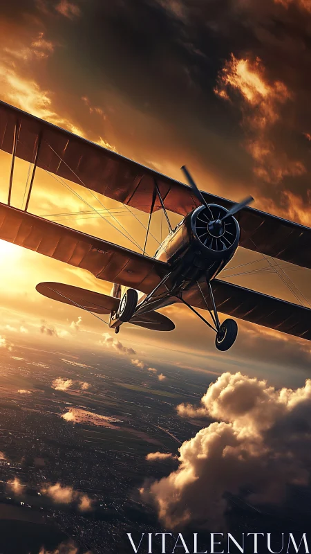 Biplane under stratified sunset cloud deck in dynamic climb.