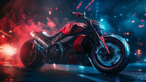 Neon smoke crowns a cyberpunk motorcycle poised for launch