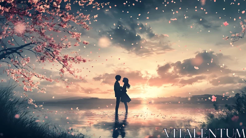 Silhouetted couple under cherry blossoms at reflective lakeshore