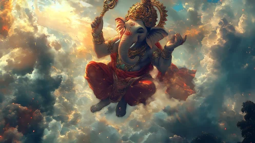 Elephant-headed deity in vivid clouds and golden light.