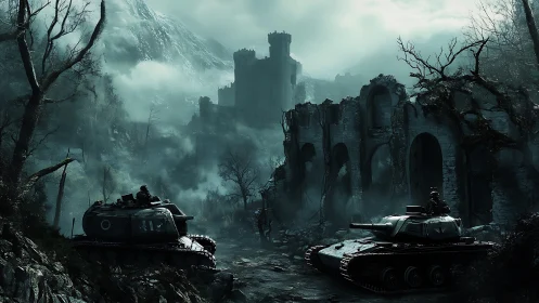 Digital warscape with armored tanks amid ruined castle stronghold.