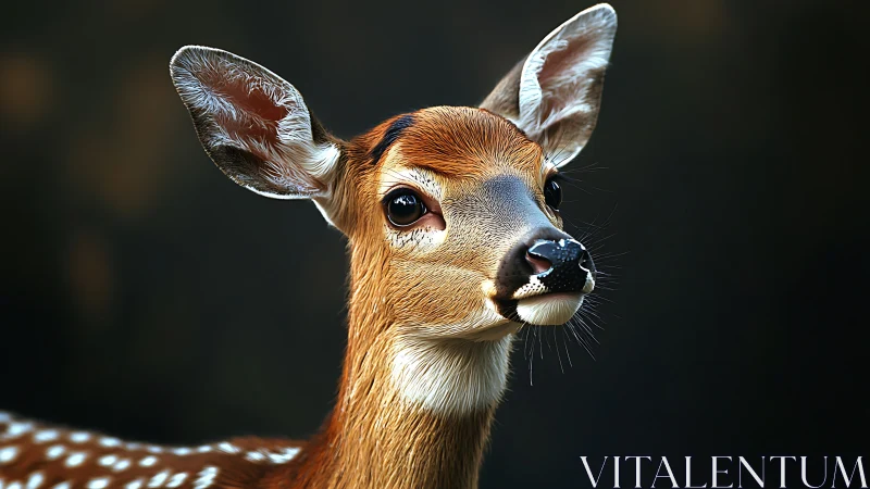 Gentle fawn gazes into woodland hush with luminous eyes.