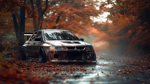 Tuned rally sedan cuts through wet autumn forest road.