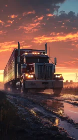 Chromed semi truck advances along muddy road at sunset